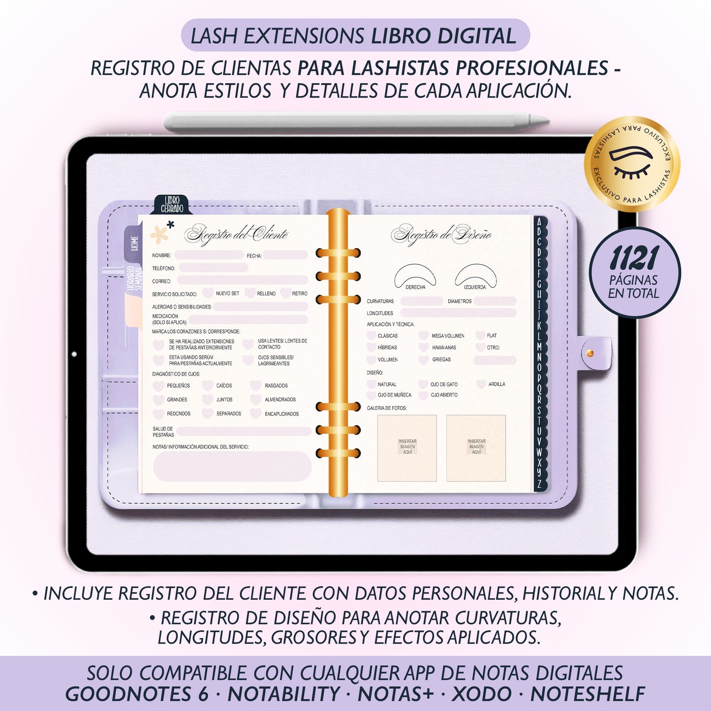 Libro digital Luxury para lashistas – Registro de clientas A-Z en PDF interactivo, diseño elegante compatible con GoodNotes y Notability.