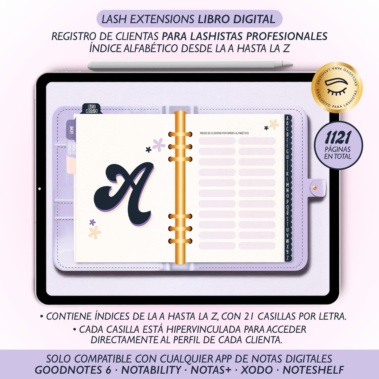Libro digital Luxury para lashistas – Registro de clientas A-Z en PDF interactivo, diseño elegante compatible con GoodNotes y Notability.