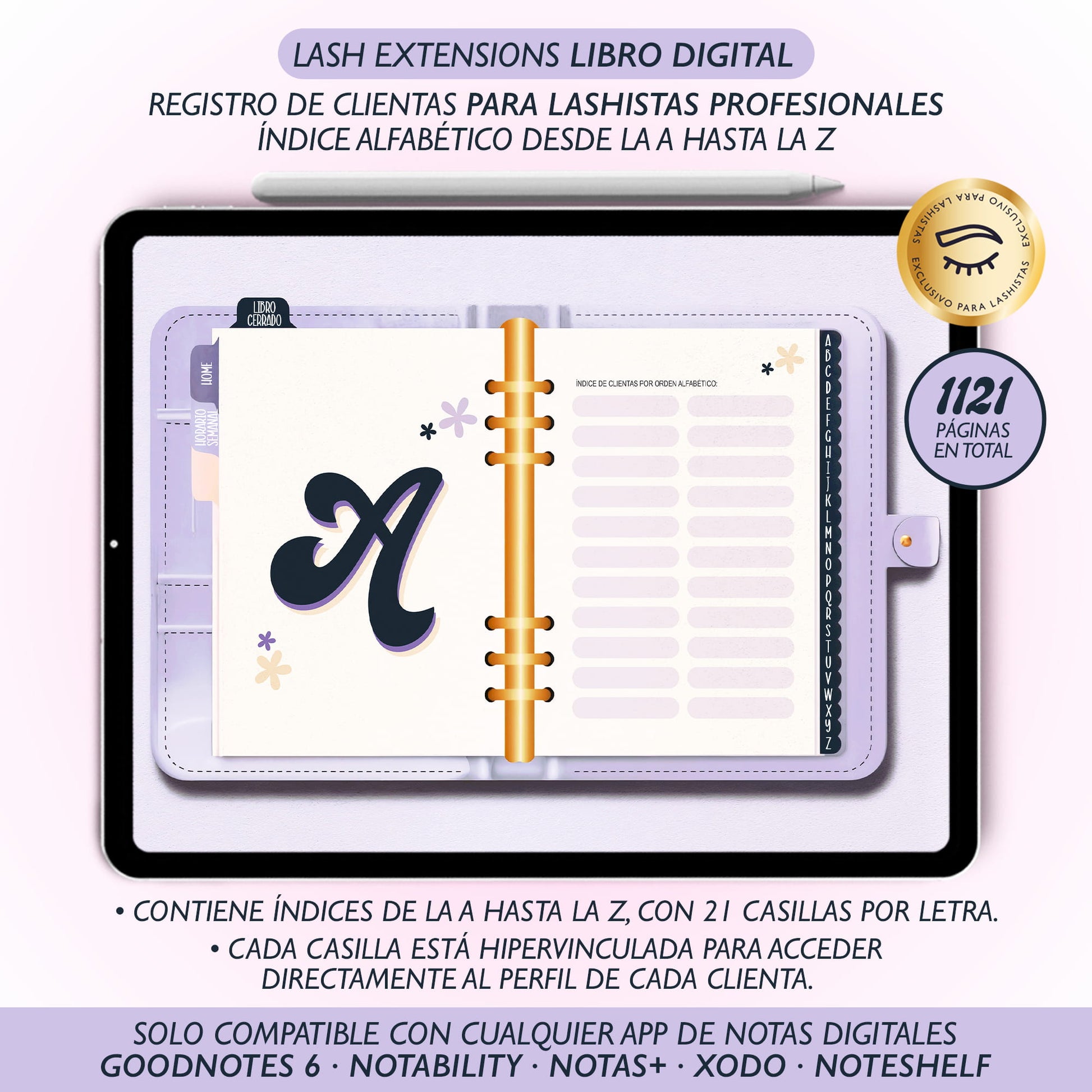 Libro digital Luxury para lashistas – Registro de clientas A-Z en PDF interactivo, diseño elegante compatible con GoodNotes y Notability.