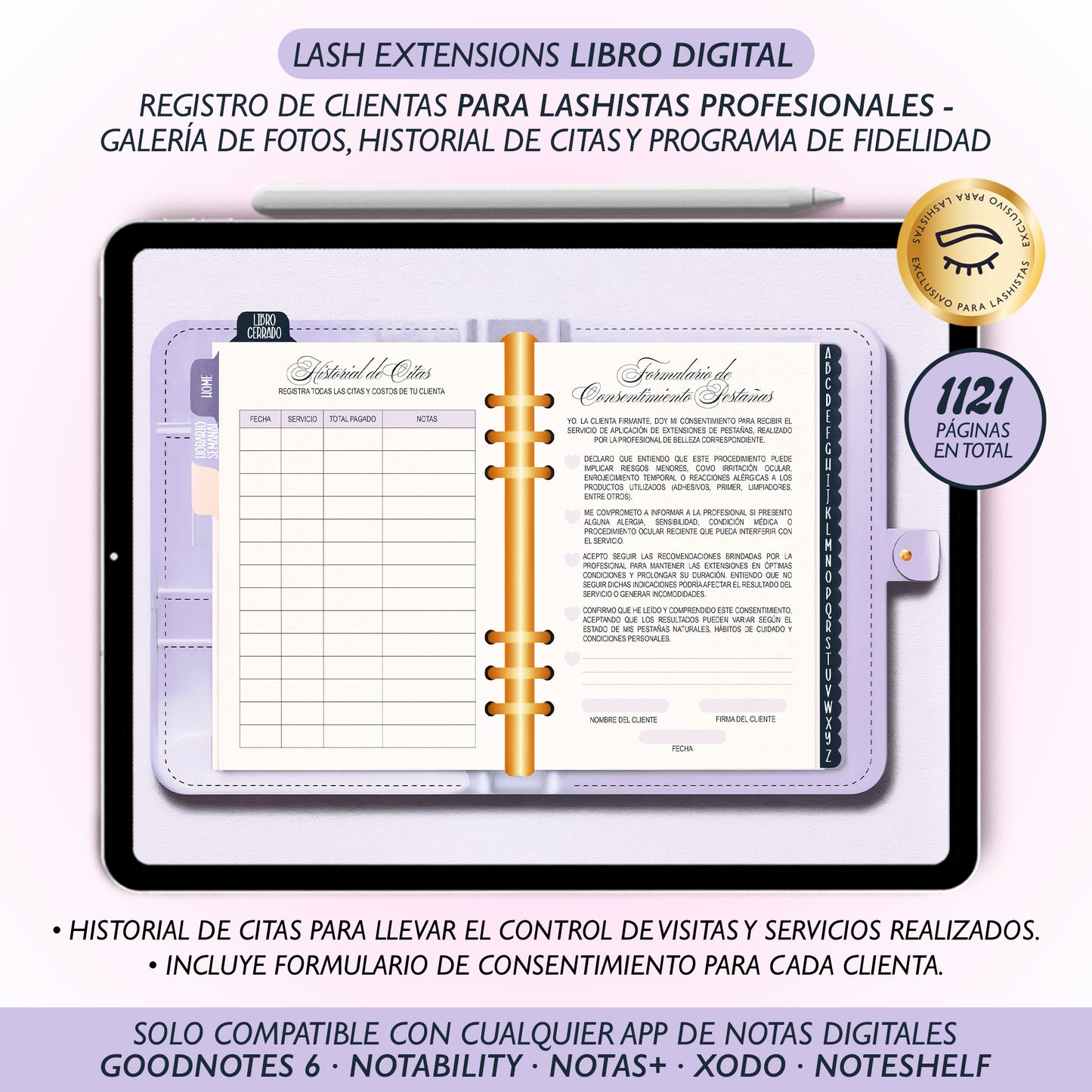 Libro digital Luxury para lashistas – Registro de clientas A-Z en PDF interactivo, diseño elegante compatible con GoodNotes y Notability.