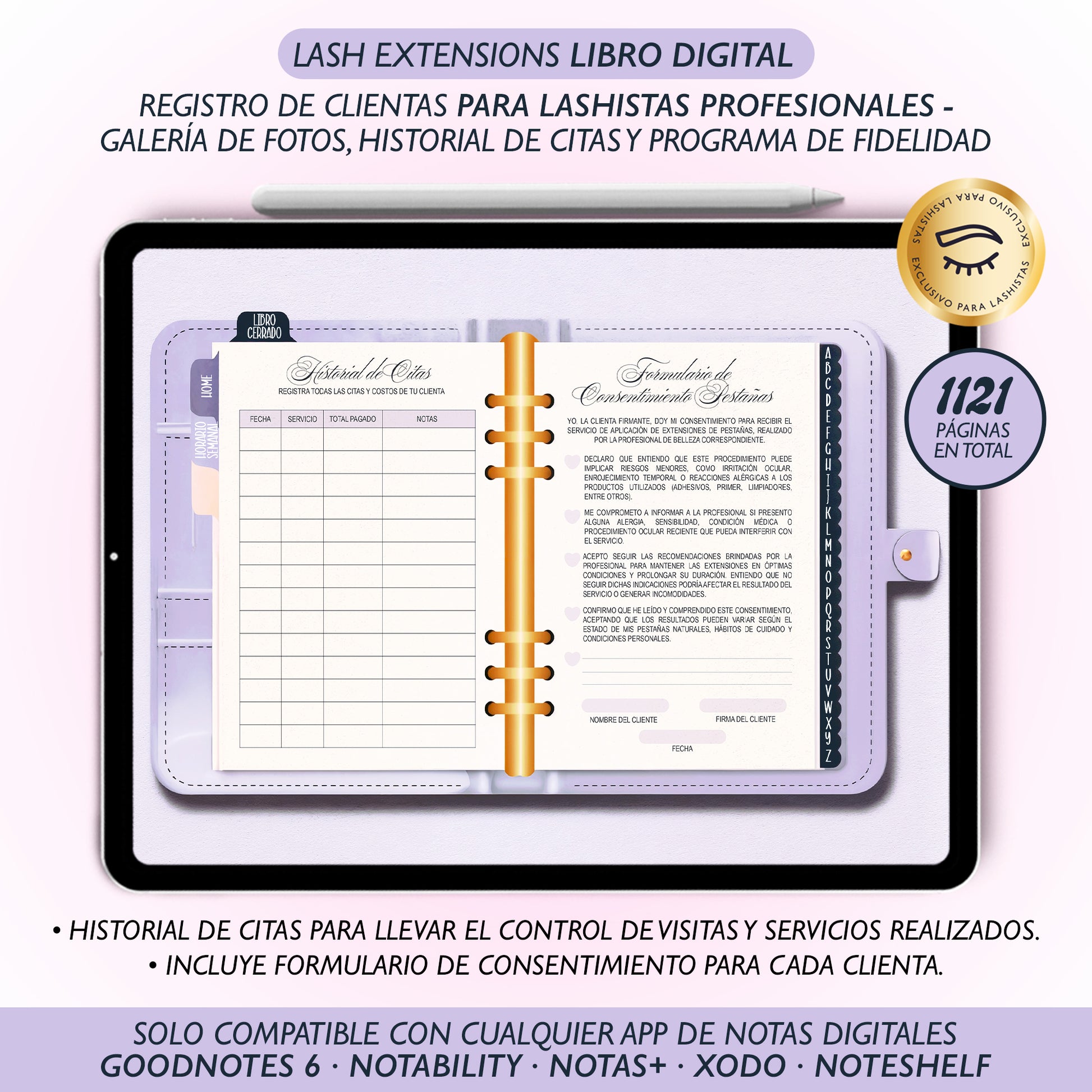 Libro digital Luxury para lashistas – Registro de clientas A-Z en PDF interactivo, diseño elegante compatible con GoodNotes y Notability.