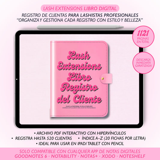 Organiza tus clientas con el Lash Extensions Libro Digital Edición Baddie Pink de Dollis Templates. Archivo interactivo con hipervínculos A–Z, diseño fucsia moderno e ideal para lashistas profesionales.