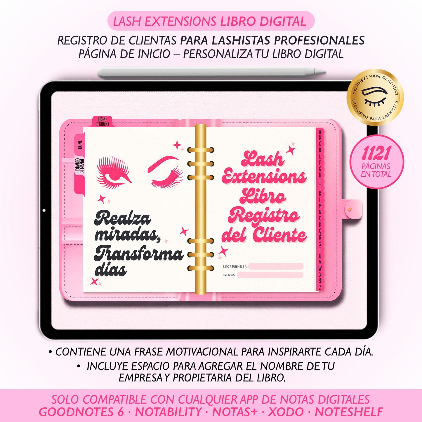 Organiza tus clientas con el Lash Extensions Libro Digital Edición Baddie Pink de Dollis Templates. Archivo interactivo con hipervínculos A–Z, diseño fucsia moderno e ideal para lashistas profesionales.