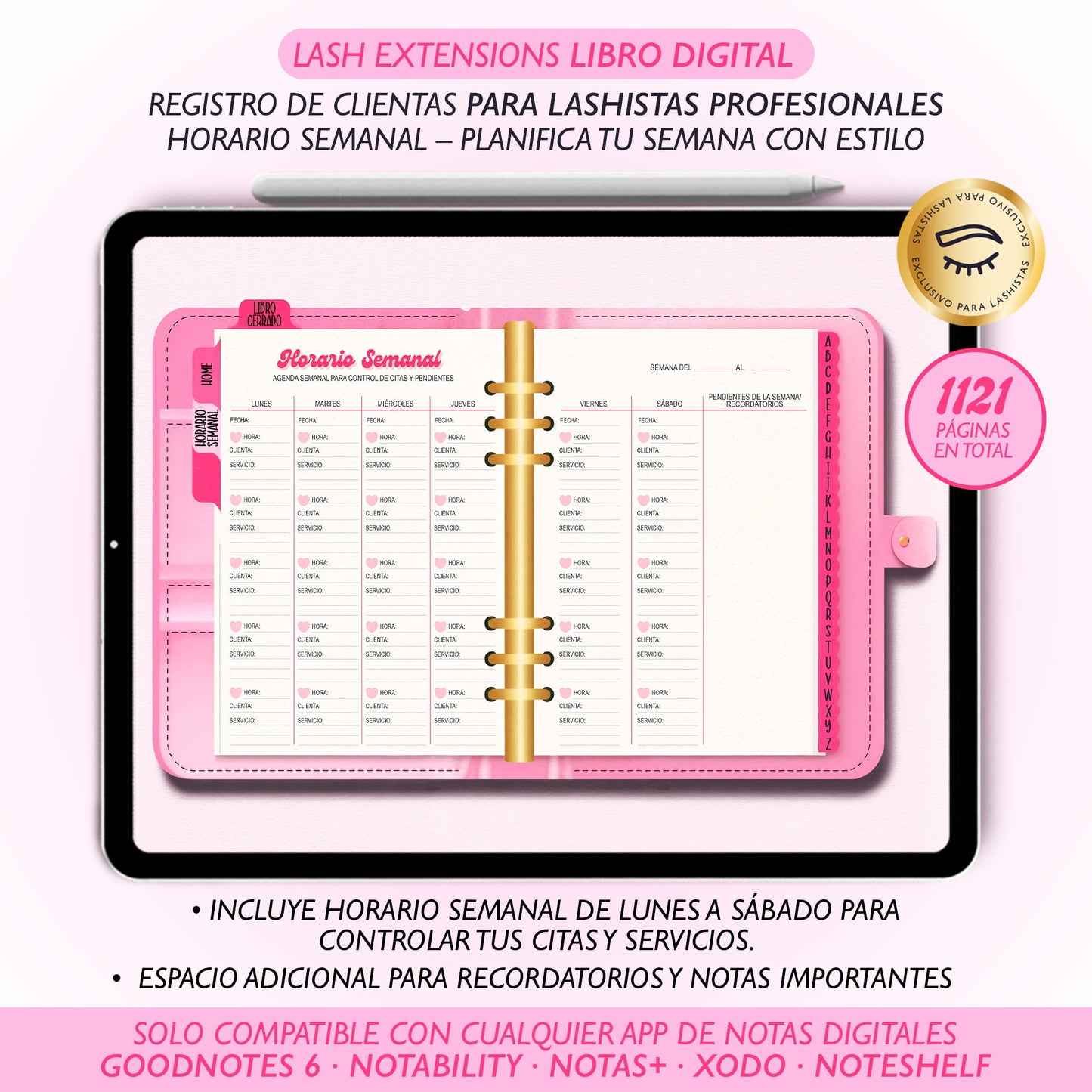 Organiza tus clientas con el Lash Extensions Libro Digital Edición Baddie Pink de Dollis Templates. Archivo interactivo con hipervínculos A–Z, diseño fucsia moderno e ideal para lashistas profesionales.