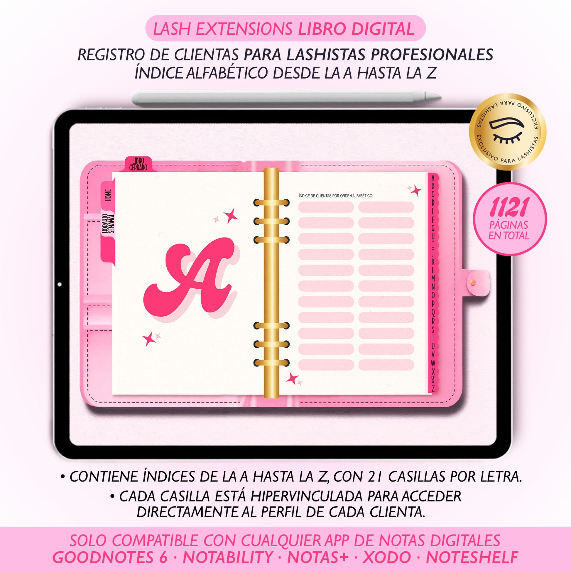 Organiza tus clientas con el Lash Extensions Libro Digital Edición Baddie Pink de Dollis Templates. Archivo interactivo con hipervínculos A–Z, diseño fucsia moderno e ideal para lashistas profesionales.