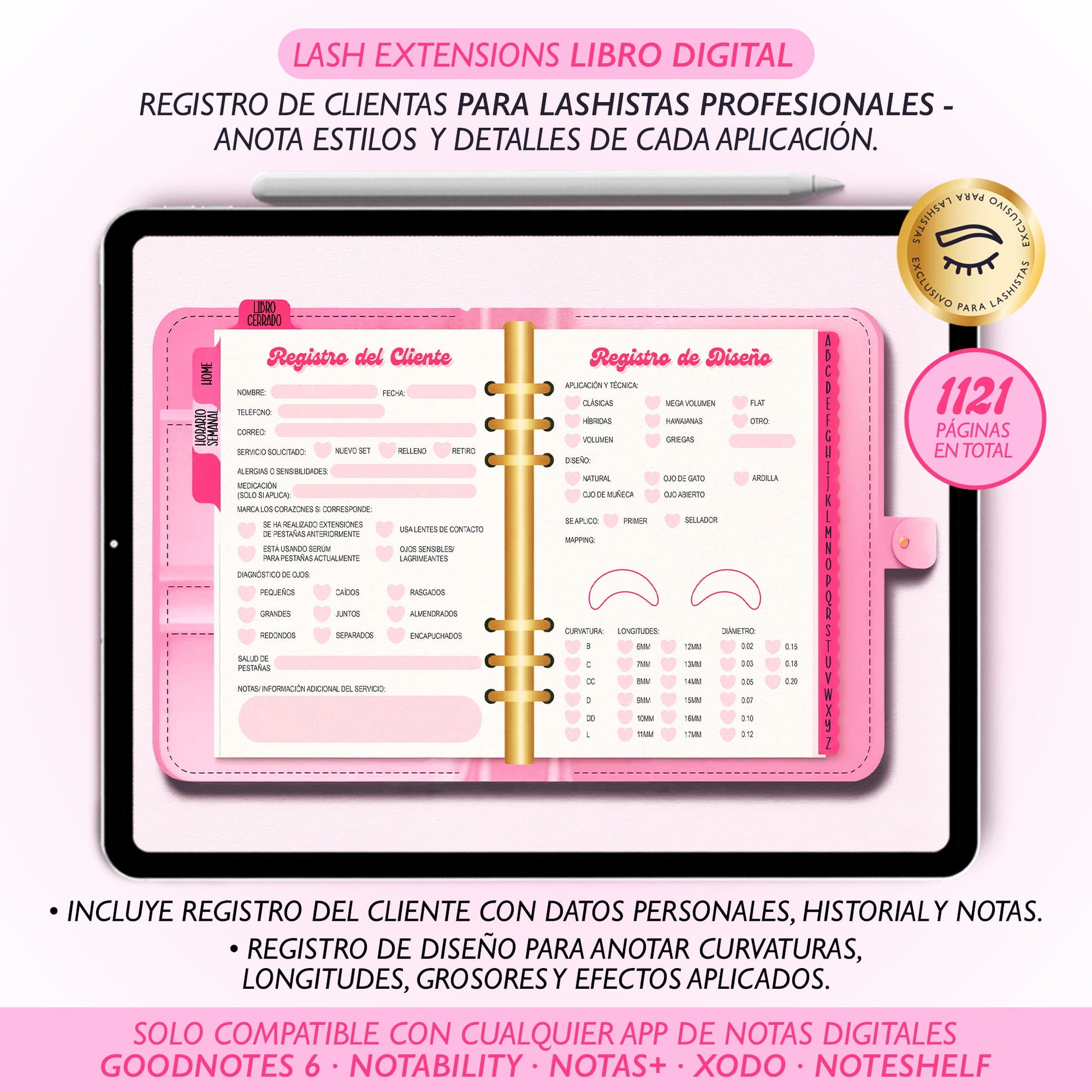 Organiza tus clientas con el Lash Extensions Libro Digital Edición Baddie Pink de Dollis Templates. Archivo interactivo con hipervínculos A–Z, diseño fucsia moderno e ideal para lashistas profesionales.