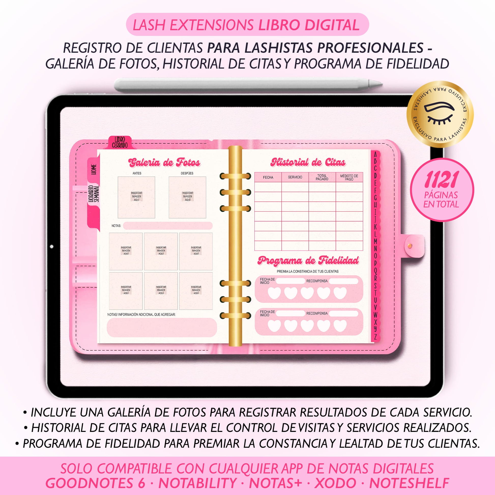 Organiza tus clientas con el Lash Extensions Libro Digital Edición Baddie Pink de Dollis Templates. Archivo interactivo con hipervínculos A–Z, diseño fucsia moderno e ideal para lashistas profesionales.