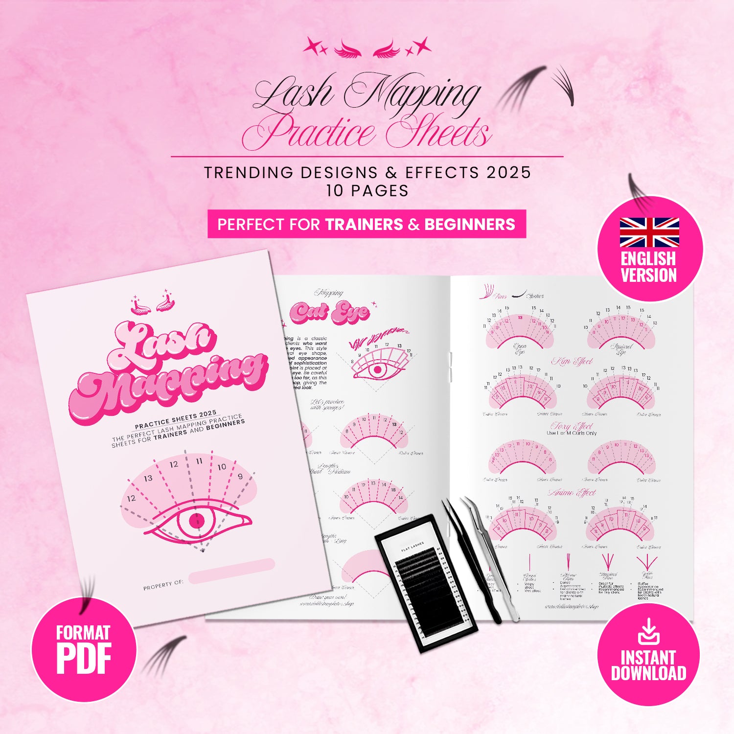 Lash Mapping Practice Sheets PDF with trending eyelash extension designs and effects 2025, perfect for trainers and beginners, instant download