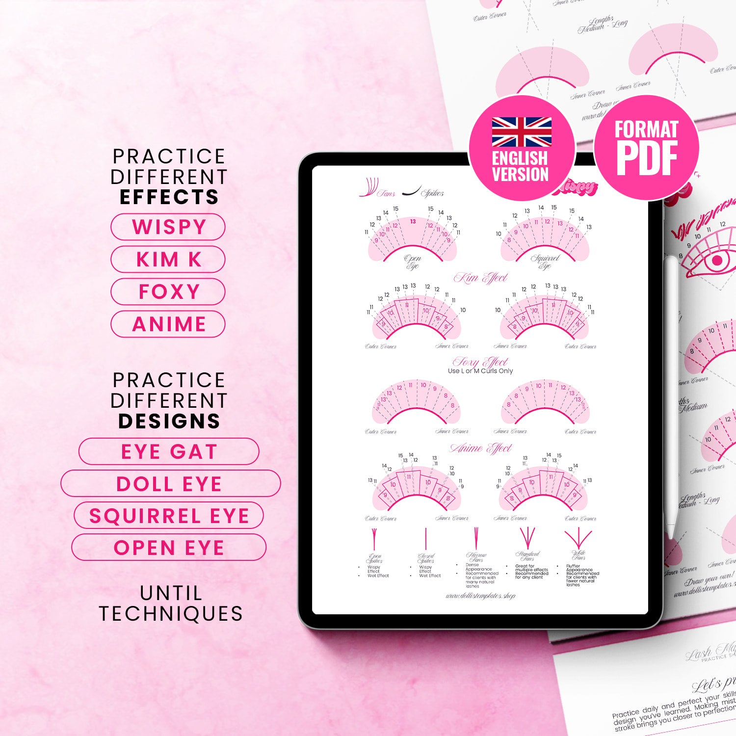 Lash Mapping Practice Sheets PDF with trending eyelash extension designs and effects 2025, perfect for trainers and beginners, instant download
