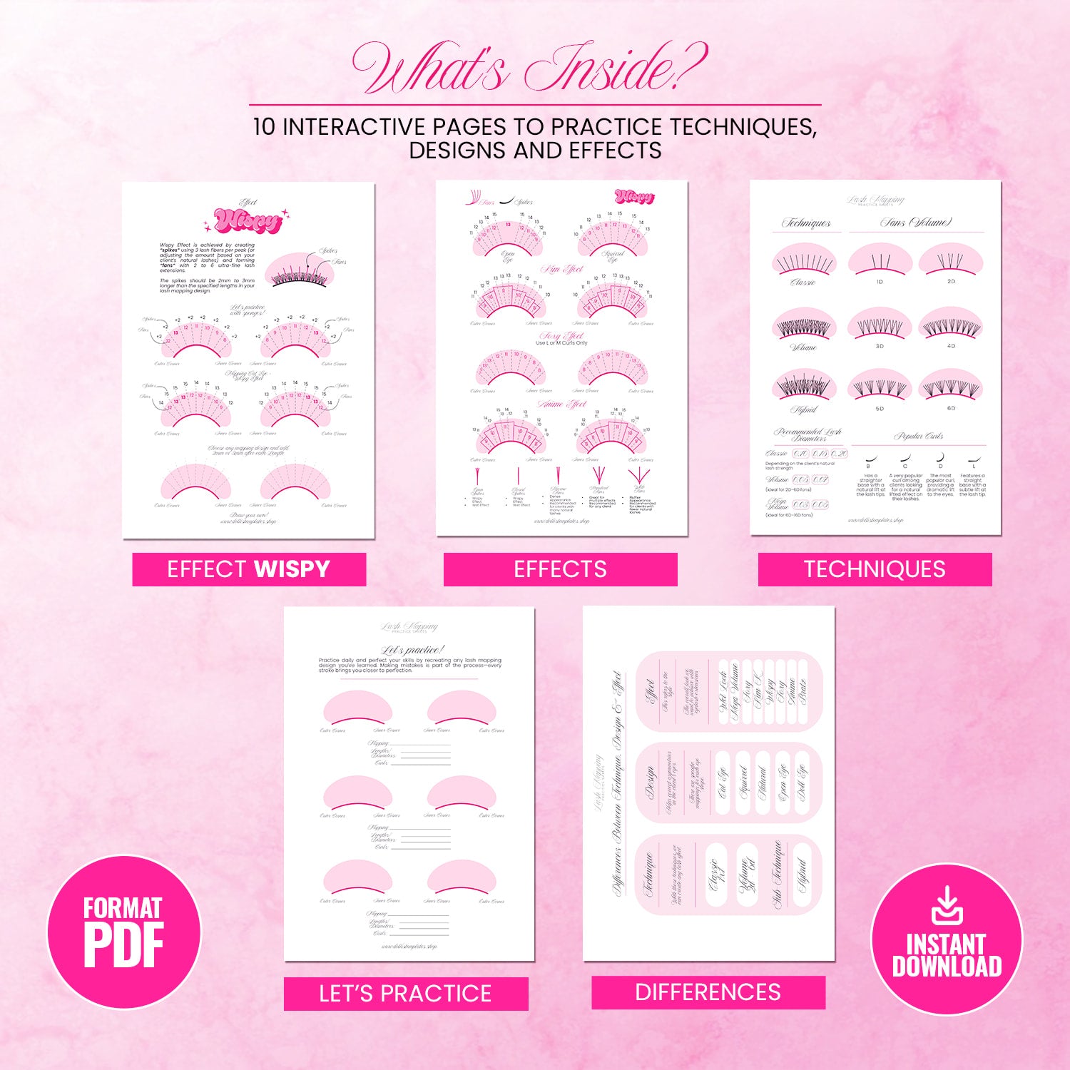 Lash Mapping Practice Sheets PDF with trending eyelash extension designs and effects 2025, perfect for trainers and beginners, instant download
