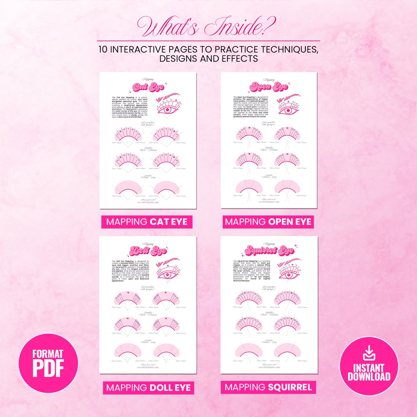 Lash Mapping Practice Sheets PDF with trending eyelash extension designs and effects 2025, perfect for trainers and beginners, instant download
