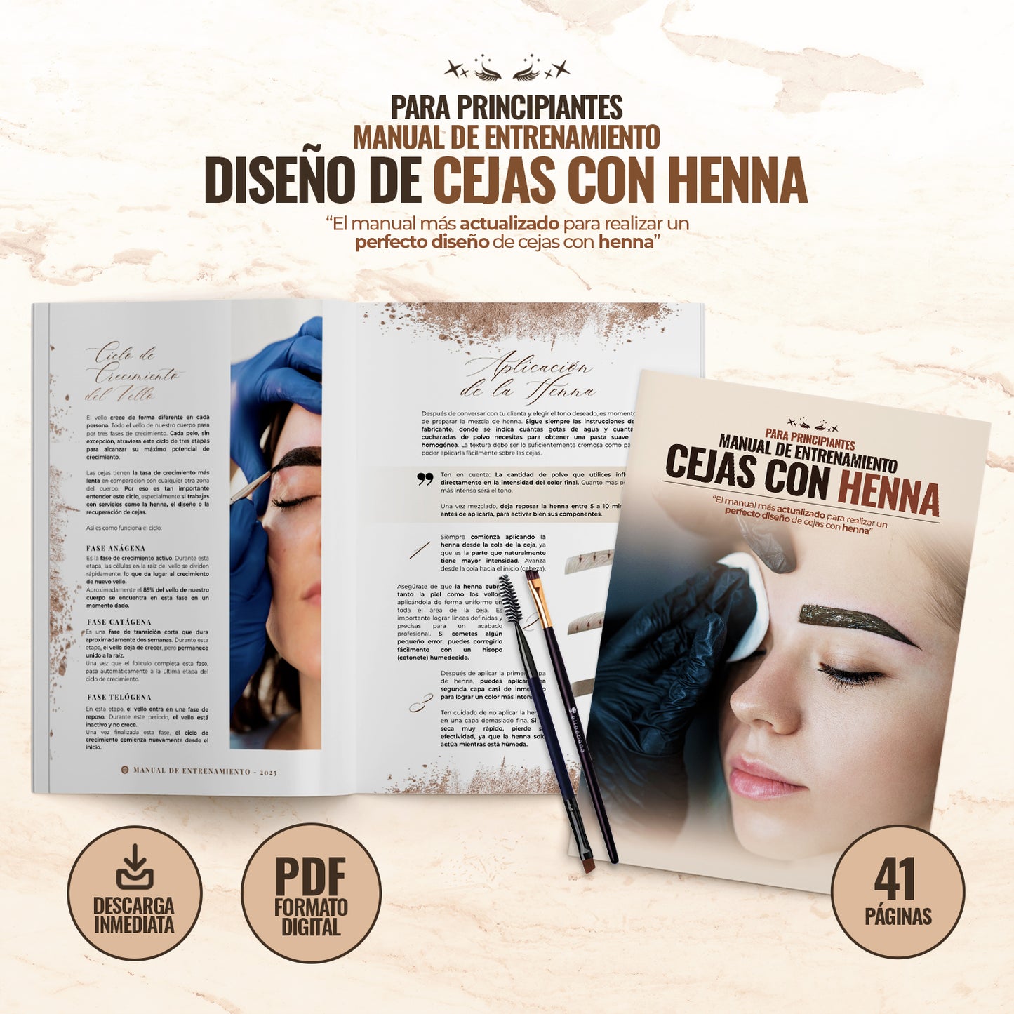Portada del Manual de Entrenamiento de Cejas con Henna en formato digital editable. Incluye 41 páginas con guía paso a paso para diseñar cejas con henna, ideal para principiantes y profesionales del rubro de la belleza.