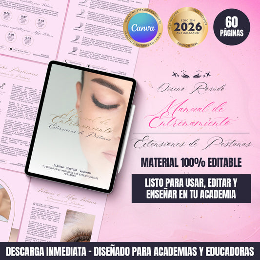 Manual de entrenamiento en extensiones de pestañas editable en Canva con diseño rosado, 60 páginas y contenido profesional para academias y educadoras