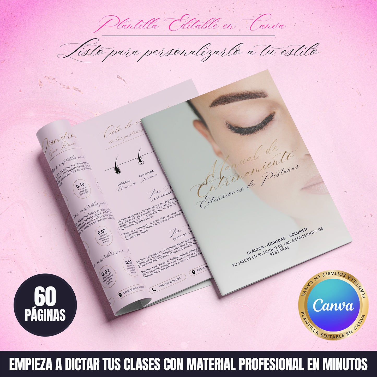 Manual de entrenamiento en extensiones de pestañas editable en Canva con diseño rosado, 60 páginas y contenido profesional para academias y educadoras