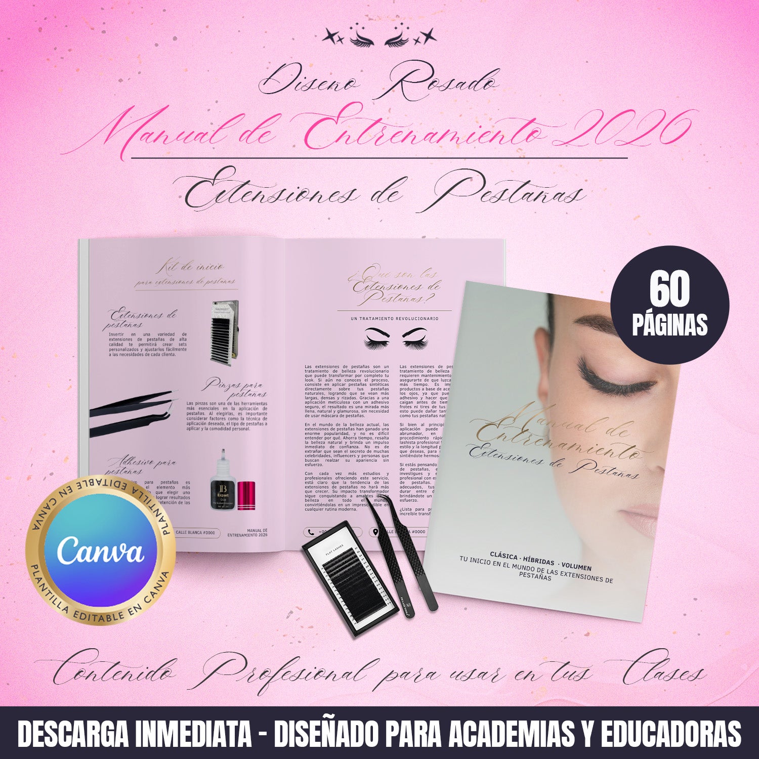 Manual de entrenamiento en extensiones de pestañas editable en Canva con diseño rosado, 60 páginas y contenido profesional para academias y educadoras