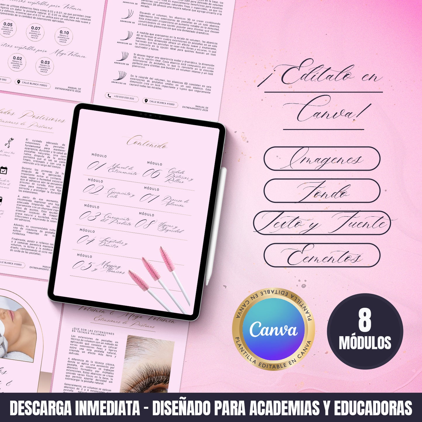 Manual de entrenamiento en extensiones de pestañas editable en Canva con diseño rosado, 60 páginas y contenido profesional para academias y educadoras