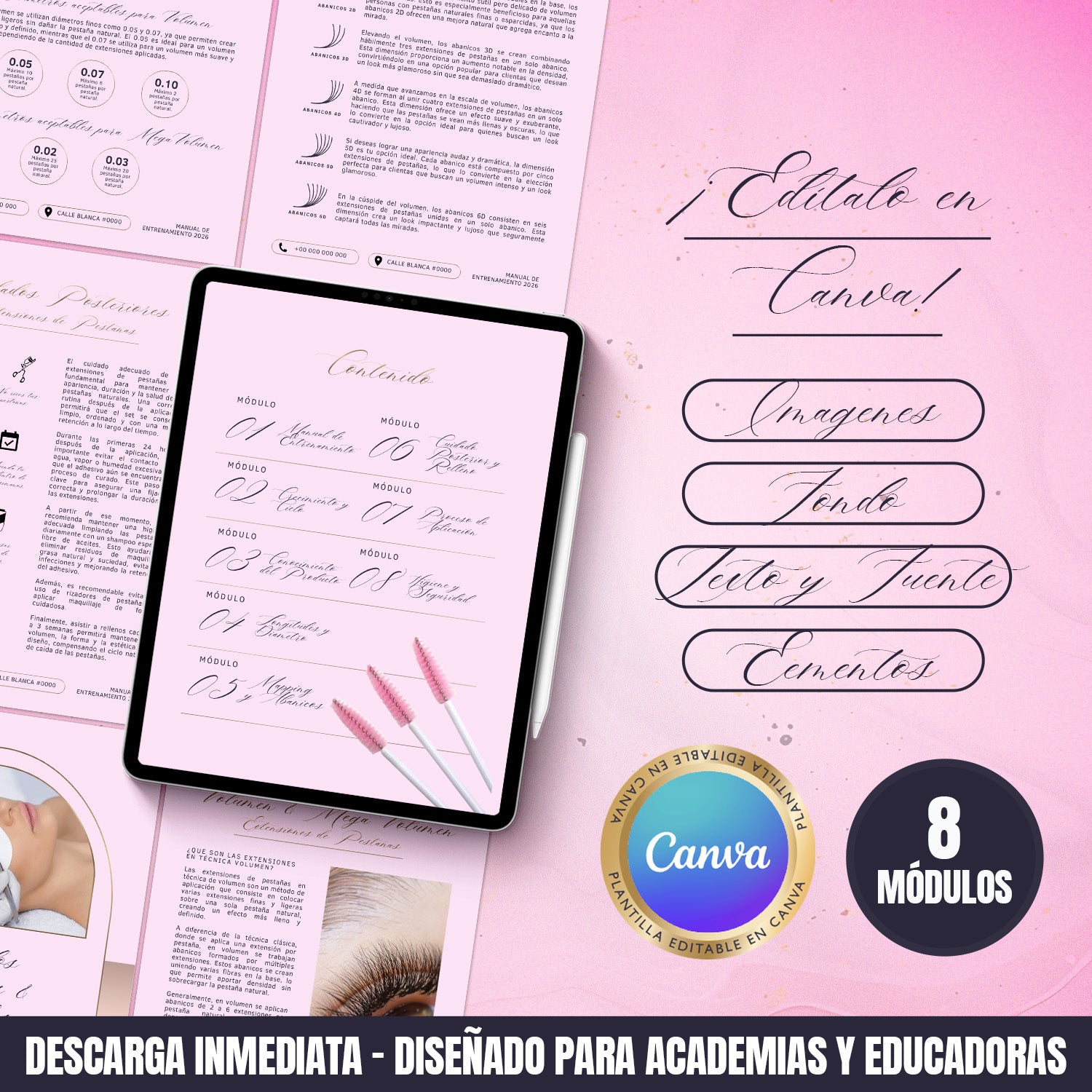 Manual de entrenamiento en extensiones de pestañas editable en Canva con diseño rosado, 60 páginas y contenido profesional para academias y educadoras