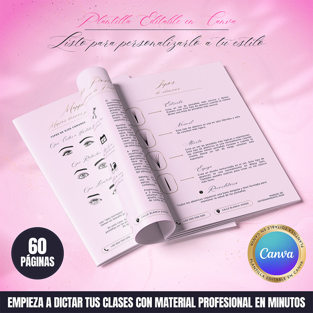 Manual de entrenamiento en extensiones de pestañas editable en Canva con diseño rosado, 60 páginas y contenido profesional para academias y educadoras