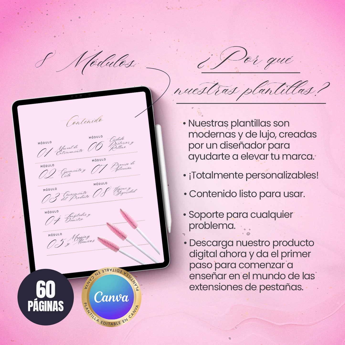 Manual de entrenamiento en extensiones de pestañas editable en Canva con diseño rosado, 60 páginas y contenido profesional para academias y educadoras