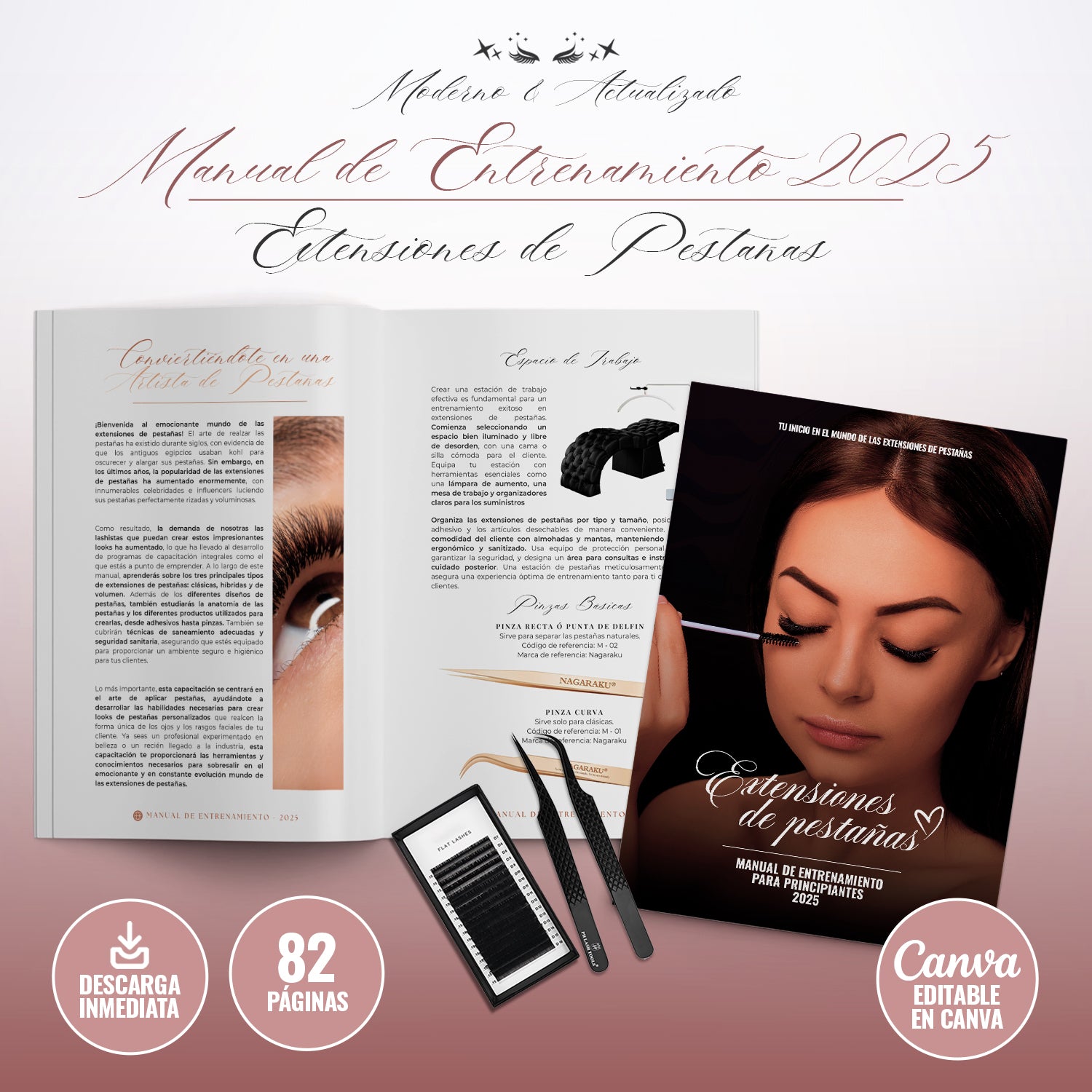 Portada del Manual de Entrenamiento 2025 para Extensiones de Pestañas, una guía profesional y editable en Canva con 81 páginas de contenido técnico sobre curvaturas, longitudes, abanicos, anatomía, diseño de ojos, herramientas y técnicas para lashistas principiantes y avanzadas.