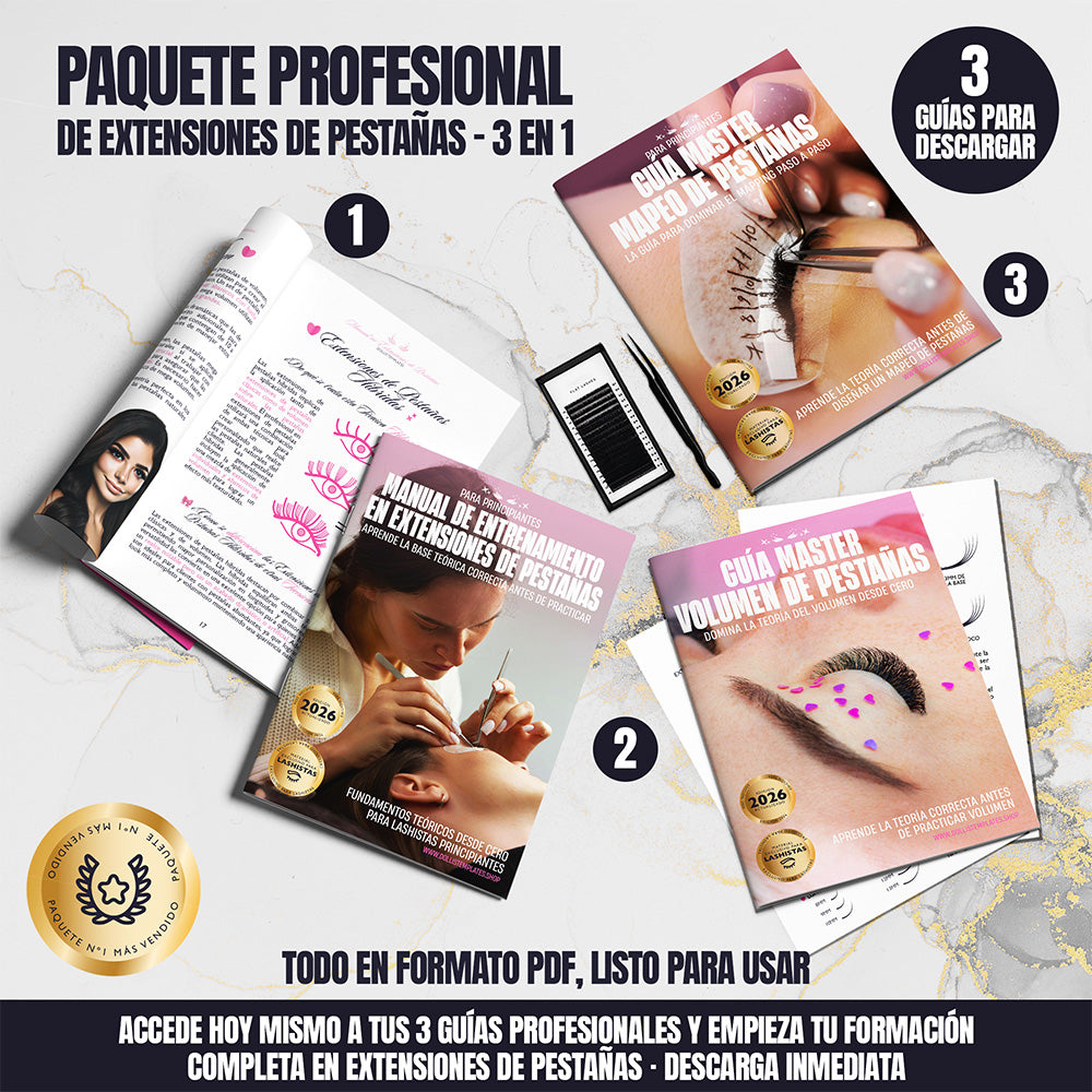 Paquete profesional de extensiones de pestañas con 3 guías digitales en PDF para principiantes, incluye manual de entrenamiento, volumen y mapeo de pestañas.