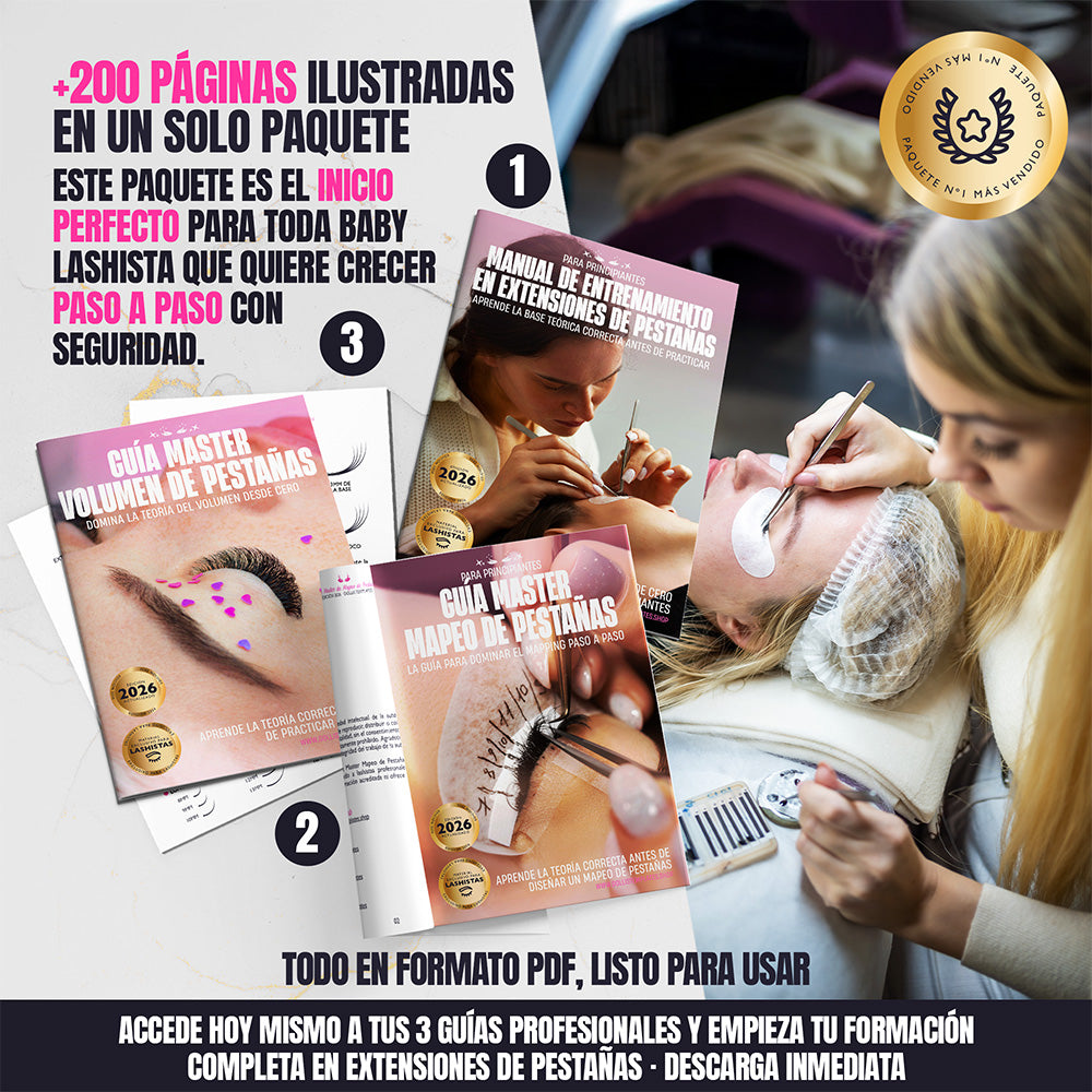 Paquete profesional de extensiones de pestañas con 3 guías digitales en PDF para principiantes, incluye manual de entrenamiento, volumen y mapeo de pestañas.