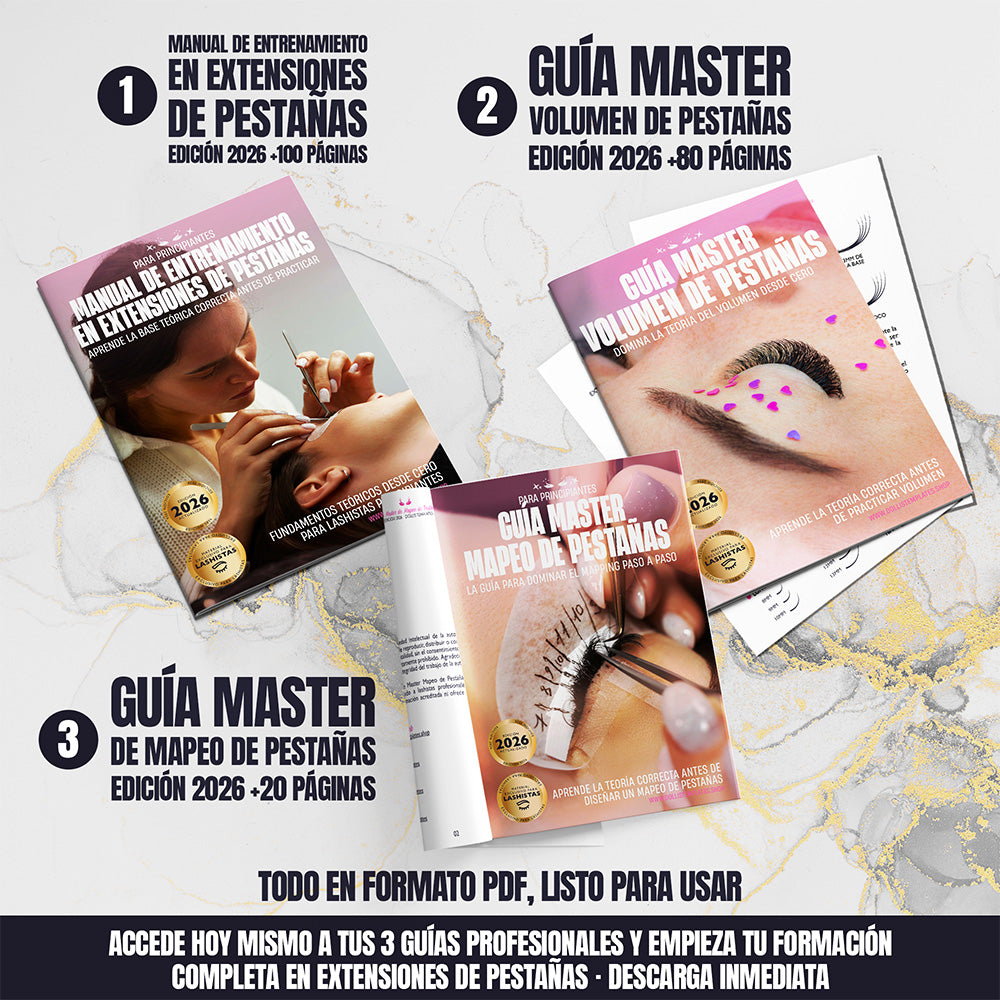 Paquete profesional de extensiones de pestañas con 3 guías digitales en PDF para principiantes, incluye manual de entrenamiento, volumen y mapeo de pestañas.