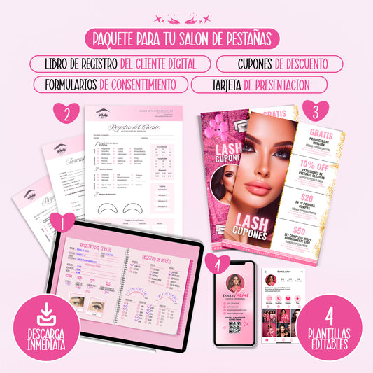 Paquete digital editable para salón de pestañas con cupones, registro de cliente, formularios de consentimiento y tarjeta de presentación, ideal para lashistas profesionales.