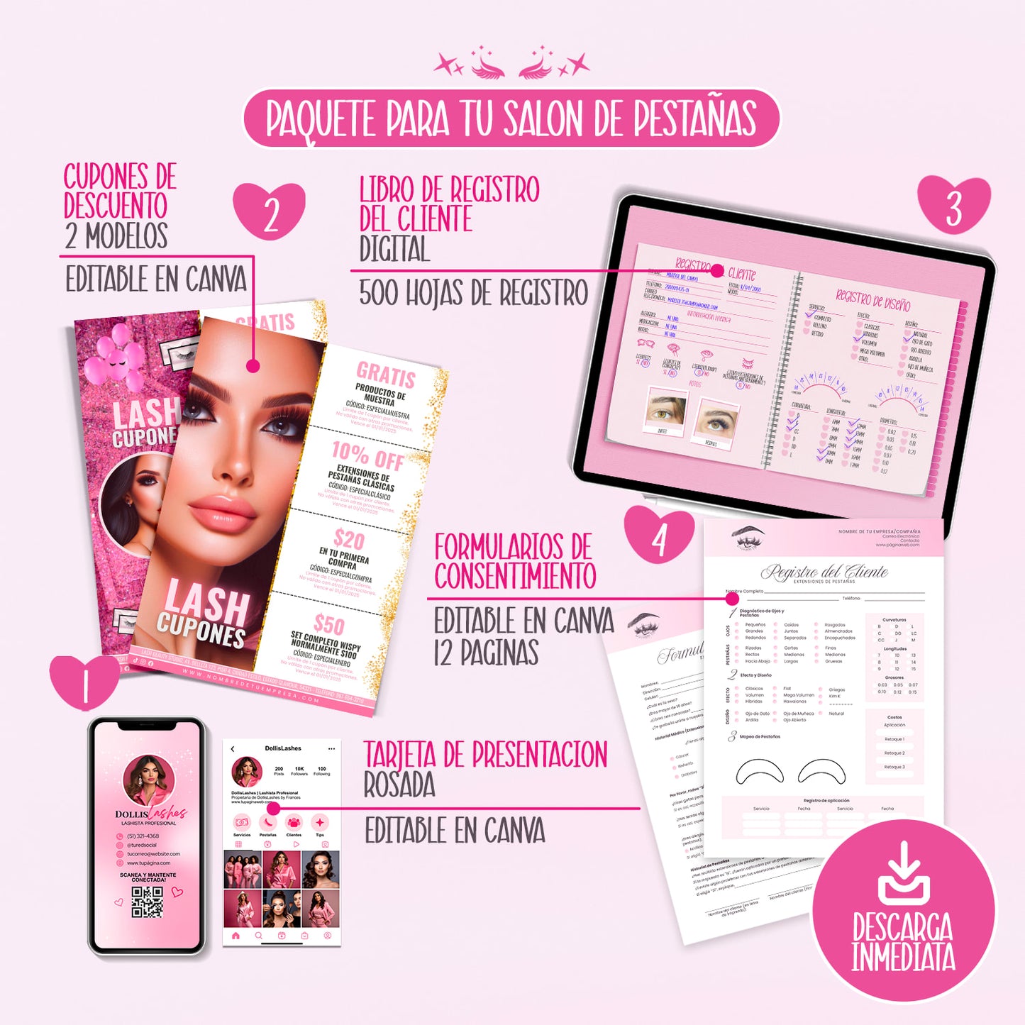 Paquete digital editable para salón de pestañas con cupones, registro de cliente, formularios de consentimiento y tarjeta de presentación, ideal para lashistas profesionales.