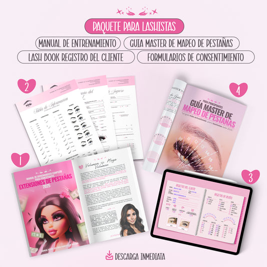 Manual de Entrenamiento en Extensiones de Pestañas- Guía Master de Mapeo - Lash Book Registro del Cliente - Formularios