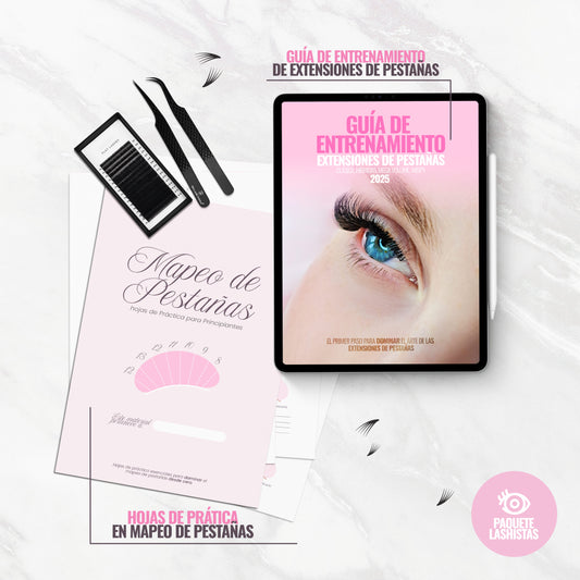Imagen del Paquete de Entrenamiento para Principiantes en Extensiones de Pestañas. Incluye una guía editable en Canva de 57 páginas y hojas de práctica de mapeo de pestañas en PDF listas para descargar e imprimir.