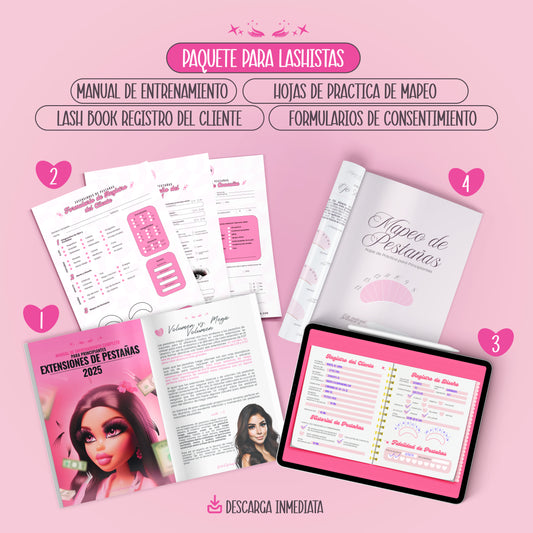 magen del Paquete Premium para Lashistas, que incluye un manual de entrenamiento, hojas de práctica de mapeo de pestañas, Lash Book de registro de clientes y formularios de consentimiento. Diseño en tonos rosados con formato digital y descarga inmediata. Ideal para lashistas principiantes que desean profesionalizar su servicio de extensiones de pestañas.