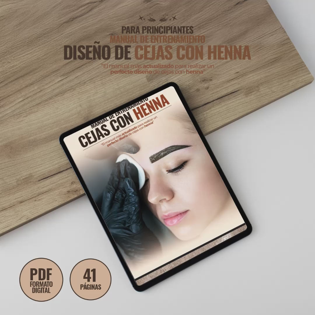 Portada del Manual de Entrenamiento de Cejas con Henna en formato digital editable. Incluye 41 páginas con guía paso a paso para diseñar cejas con henna, ideal para principiantes y profesionales del rubro de la belleza.
