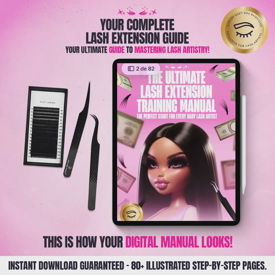 The Ultimate Lash Extension Training Manual – 80+ illustrated pages teaching lash fundamentals, mapping, and techniques for beginners and lash artists. Instant download PDF.