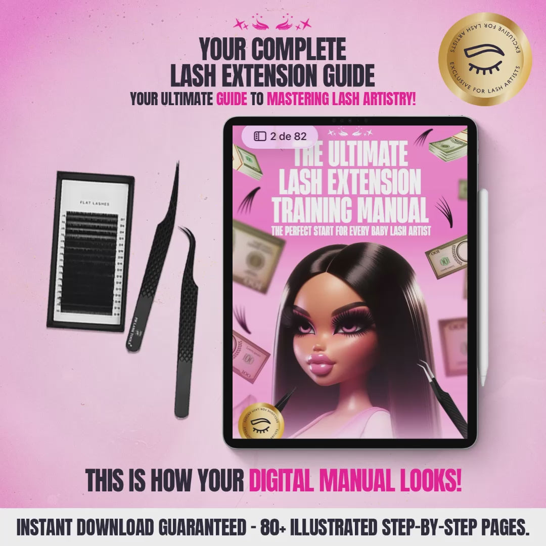 The Ultimate Lash Extension Training Manual – 80+ illustrated pages teaching lash fundamentals, mapping, and techniques for beginners and lash artists. Instant download PDF.